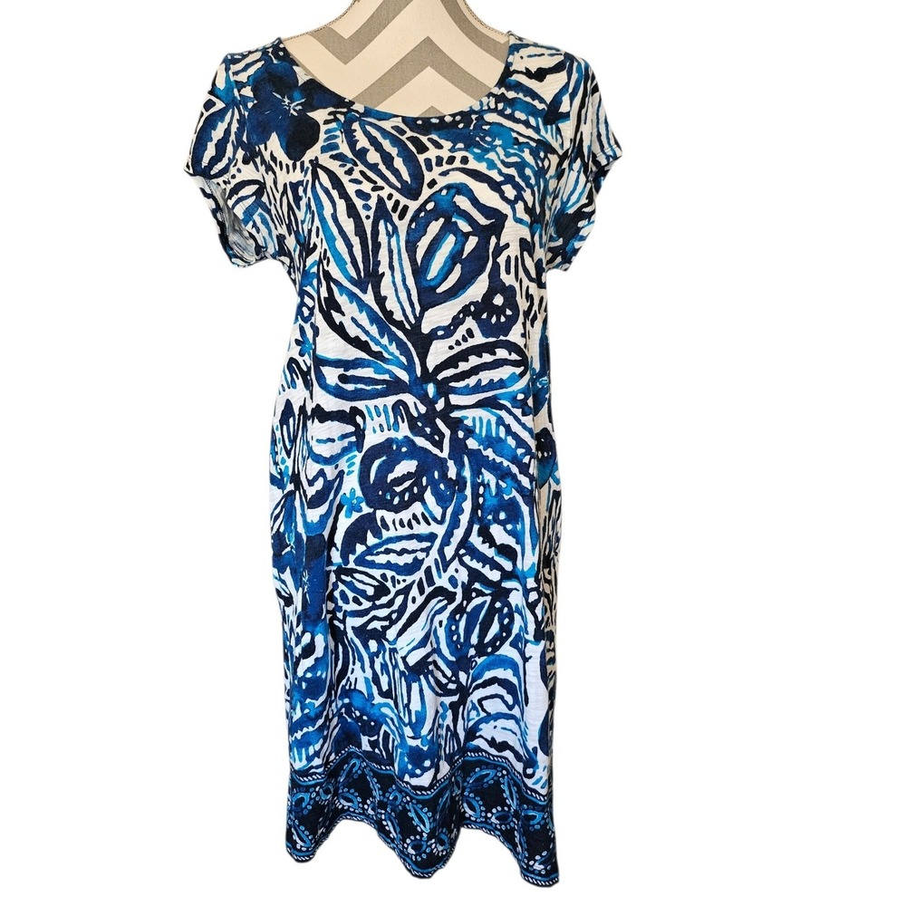 Lucky Brand Blue Floral Slub Knit T-Shirt Dress Shift Midi Medium Coastal Boho